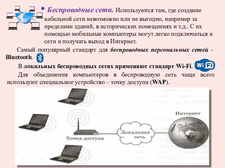 Беспроводные сети. Используются там, где создание кабельной сети невозможно или