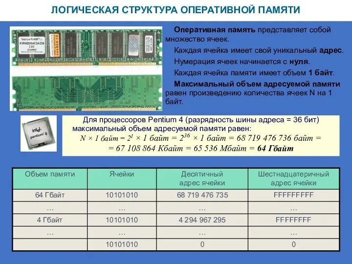 ЛОГИЧЕСКАЯ СТРУКТУРА ОПЕРАТИВНОЙ ПАМЯТИ Оперативная память представляет собой множество ячеек.