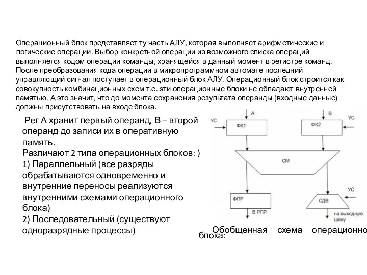 Обобщенная схема операционного блока: Операционный блок представляет ту часть АЛУ, которая выполняет арифметические