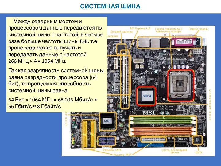 СИСТЕМНАЯ ШИНА Между северным мостом и процессором данные передаются по