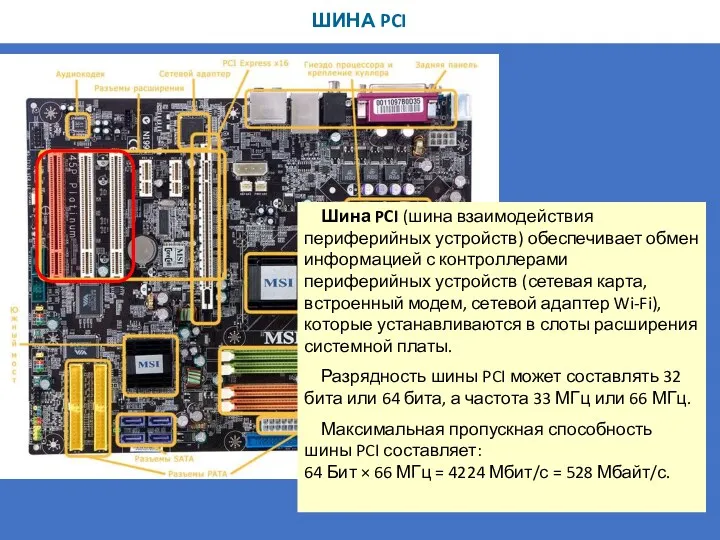 ШИНА PCI Шина PCI (шина взаимодействия периферийных устройств) обеспечивает обмен информацией с контроллерами