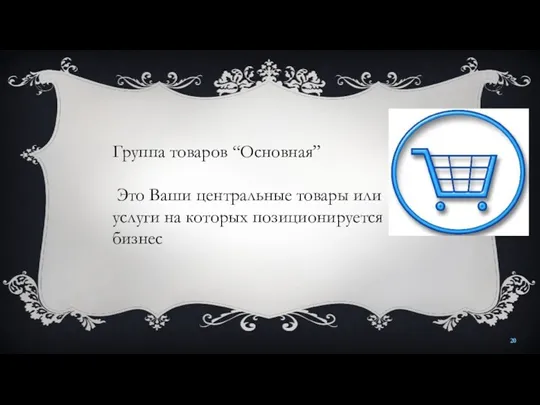 Группа товаров “Основная” Это Ваши центральные товары или услуги на которых позиционируется бизнес