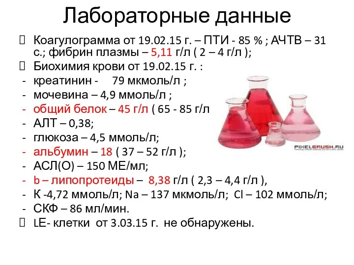 Лабораторные данные Коагулограмма от 19.02.15 г. – ПТИ - 85