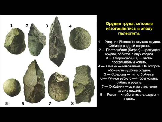 Орудия труда, которые изготовлялись в эпоху палеолита. 1 — Ударник