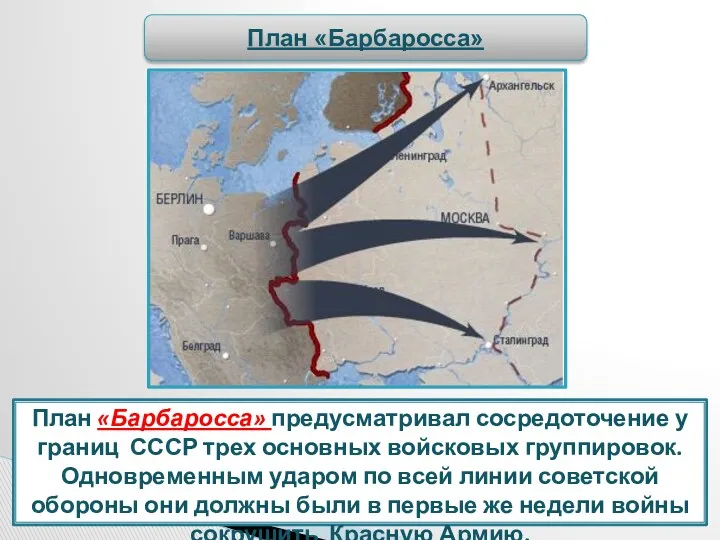 План «Барбаросса» предусматривал сосредоточение у границ СССР трех основных войсковых