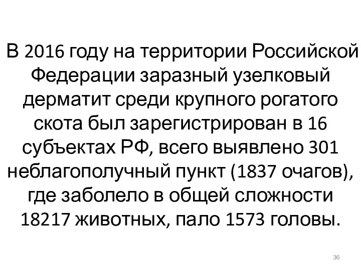 В 2016 году на территории Российской Федерации заразный узелковый дерматит