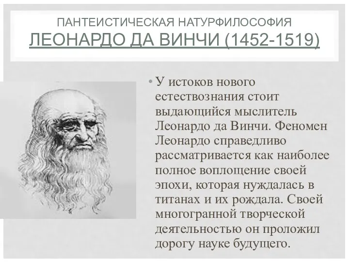 ПАНТЕИСТИЧЕСКАЯ НАТУРФИЛОСОФИЯ ЛЕОНАРДО ДА ВИНЧИ (1452-1519) У истоков нового естествознания