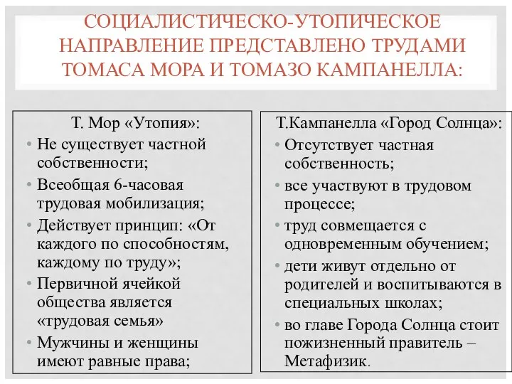 СОЦИАЛИСТИЧЕСКО-УТОПИЧЕСКОЕ НАПРАВЛЕНИЕ ПРЕДСТАВЛЕНО ТРУДАМИ ТОМАСА МОРА И ТОМАЗО КАМПАНЕЛЛА: Т.