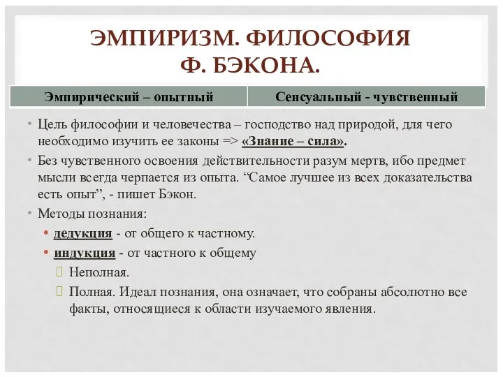 ЭМПИРИЗМ. ФИЛОСОФИЯ Ф. БЭКОНА. Цель философии и человечества – господство