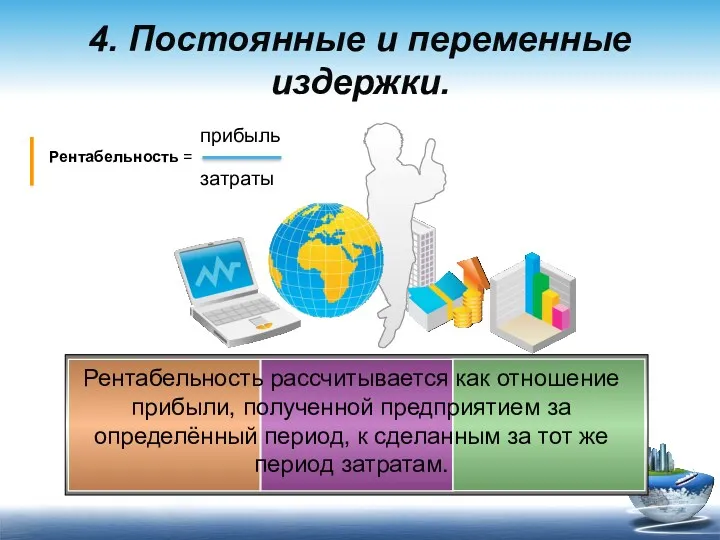 прибыль Рентабельность = затраты 4. Постоянные и переменные издержки. Рентабельность