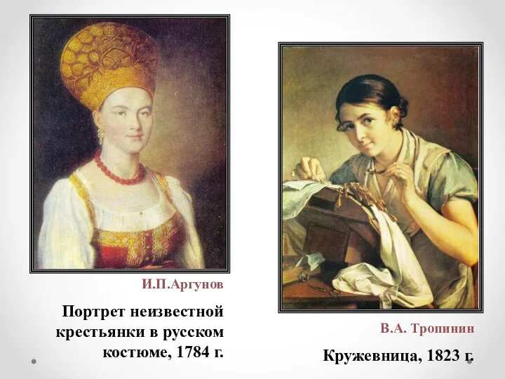 В.А. Тропинин Кружевница, 1823 г. И.П.Аргунов Портрет неизвестной крестьянки в русском костюме, 1784 г.