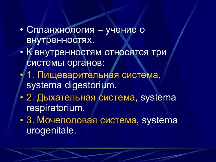 Спланхнология – учение о внутренностях. К внутренностям относятся три системы