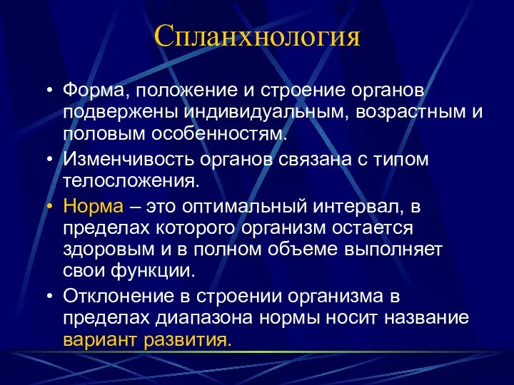 Спланхнология Форма, положение и строение органов подвержены индивидуальным, возрастным и