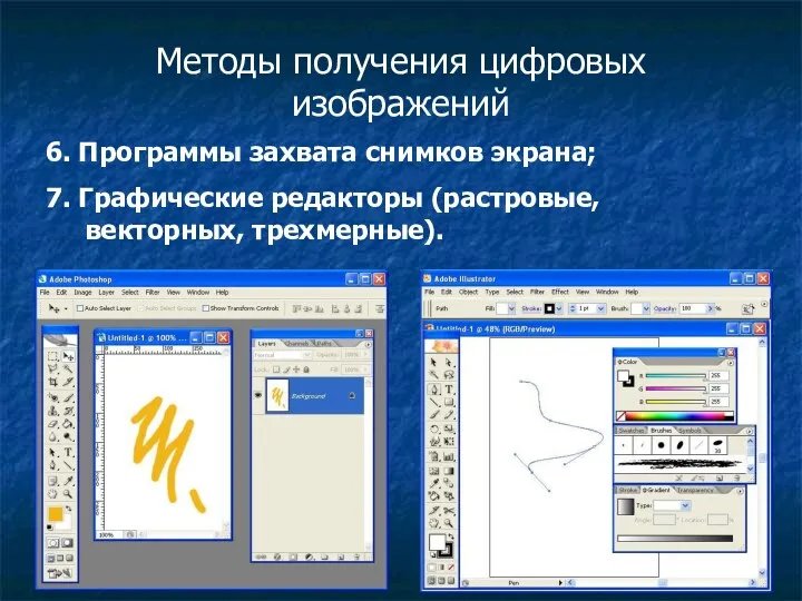 Методы получения цифровых изображений 6. Программы захвата снимков экрана; 7. Графические редакторы (растровые, векторных, трехмерные).