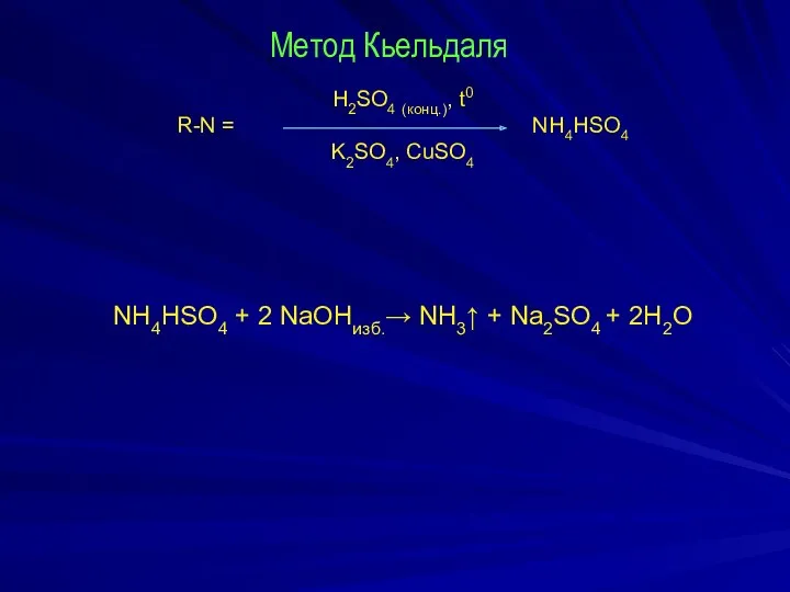 Метод Кьельдаля H2SO4 (конц.), t0 R-N = NH4HSO4 K2SO4, CuSO4