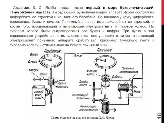 Академик Б. С. Якоби создал также первый в мире буквопечатающий