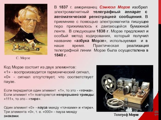 С. Морзе Телеграф Морзе В 1837 г. американец Сэмюэл Морзе изобрел электромагнитный телеграфный