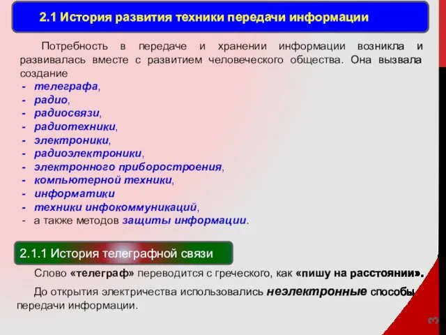 2.1 История развития техники передачи информации Потребность в передаче и