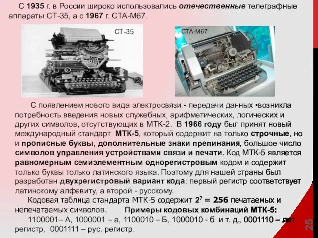 С 1935 г. в России широко использовались отечественные телеграфные аппараты СТ-35, а с