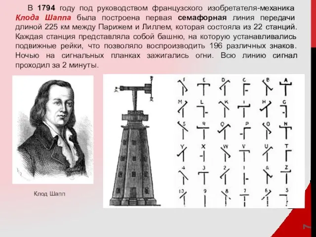 В 1794 году под руководством французского изобретателя-механика Клода Шаппа была построена первая семафорная