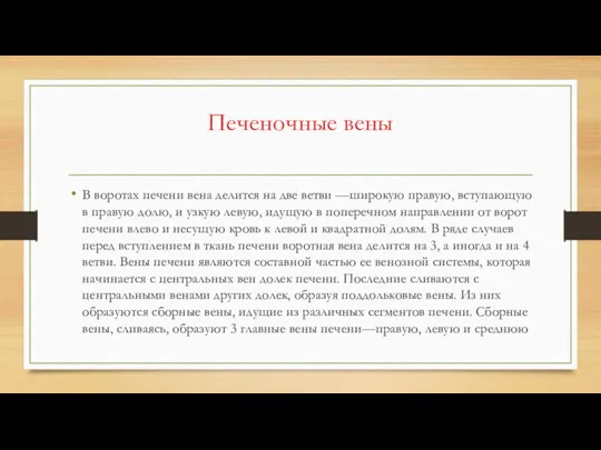 Печеночные вены В воротах печени вена делится на две ветви