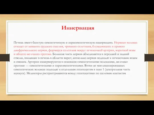 Печень имеет богатую симпатическую и парасимпатическую иннервацию. Нервные волокна отходят