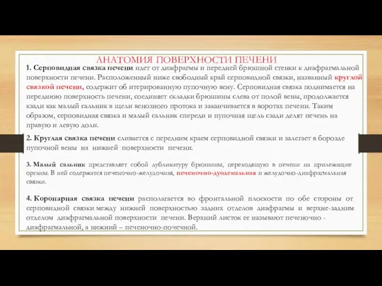 АНАТОМИЯ ПОВЕРХНОСТИ ПЕЧЕНИ 1. Серповидная связка печени идет от диафрагмы