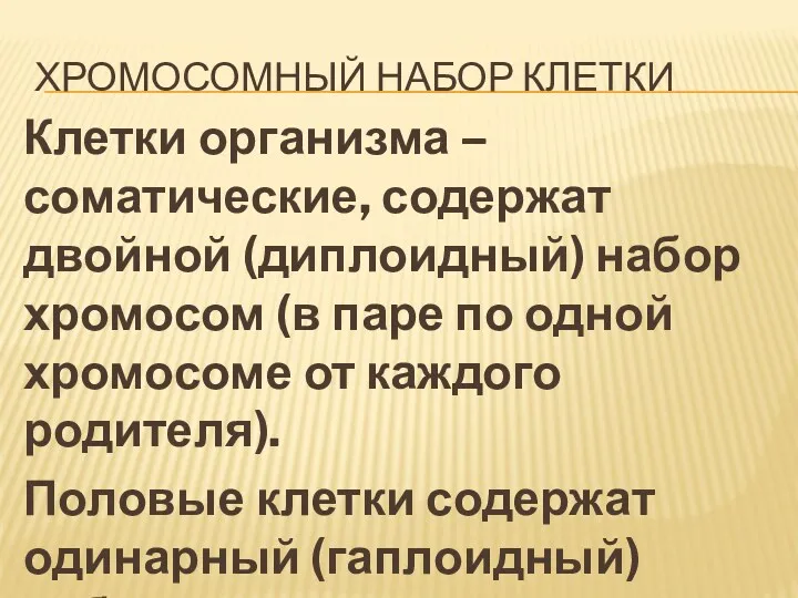 ХРОМОСОМНЫЙ НАБОР КЛЕТКИ Клетки организма – соматические, содержат двойной (диплоидный)