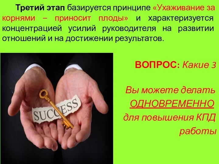 Третий этап базируется принципе «Ухаживание за корнями – приносит плоды» и характеризуется концентрацией