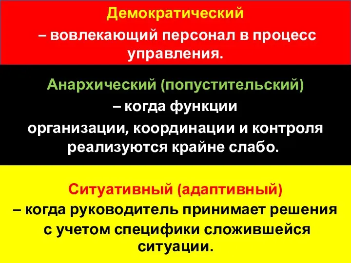 Ситуативный (адаптивный) – когда руководитель принимает решения с учетом специфики