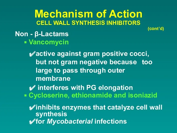 Non - β-Lactams Mechanism of Action CELL WALL SYNTHESIS INHIBITORS