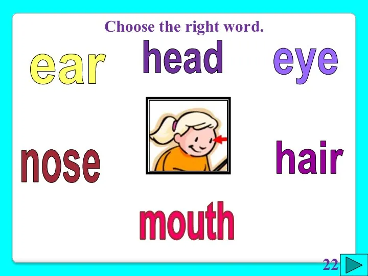 eye hair ear nose mouth Choose the right word. head 22