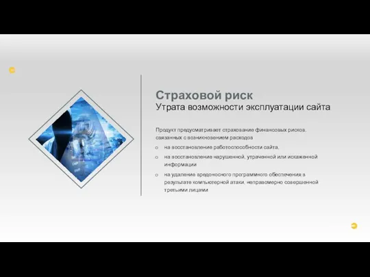 Страховой риск Утрата возможности эксплуатации сайта Продукт предусматривает страхование финансовых