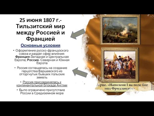 25 июня 1807 г.- Тильзитский мир между Россией и Францией Основные условия Оформление