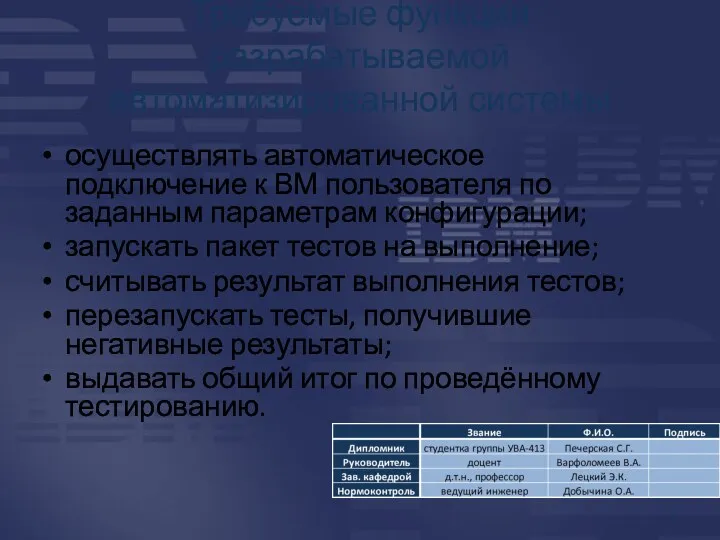 Требуемые функции разрабатываемой автоматизированной системы осуществлять автоматическое подключение к ВМ