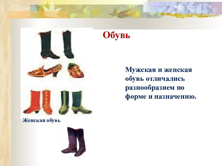 Мужская и женская обувь отличались разнообразием по форме и назначению. Обувь Женская обувь