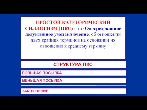 ПРОСТОЙ КАТЕГОРИЧЕСКИЙ СИЛЛОГИЗМ (ПКС) - это Опосредованное дедуктивное умозаключение, об