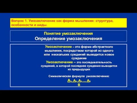 Понятие умозаключения Определение умозаключения Умозаключение – это форма абстрактного мышления,