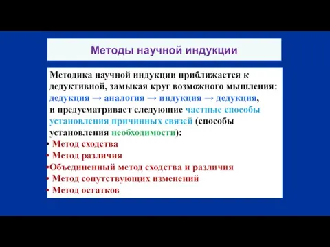 Методы научной индукции Методика научной индукции приближается к дедуктивной, замыкая