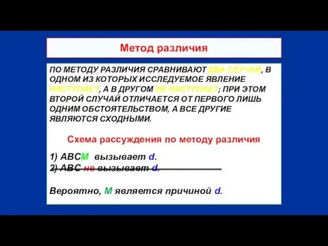 ПО МЕТОДУ РАЗЛИЧИЯ СРАВНИВАЮТ ДВА СЛУЧАЯ, В ОДНОМ ИЗ КОТОРЫХ