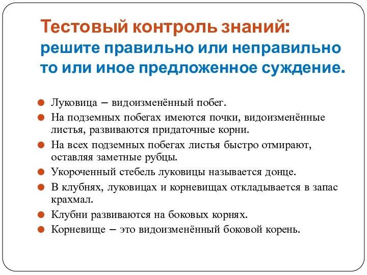 Тестовый контроль знаний: решите правильно или неправильно то или иное