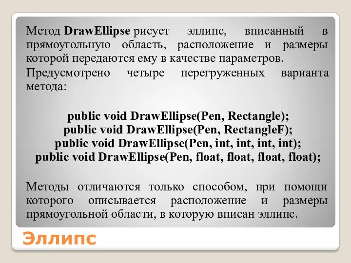 Эллипс Метод DrawEllipse рисует эллипс, вписанный в прямоугольную область, расположение