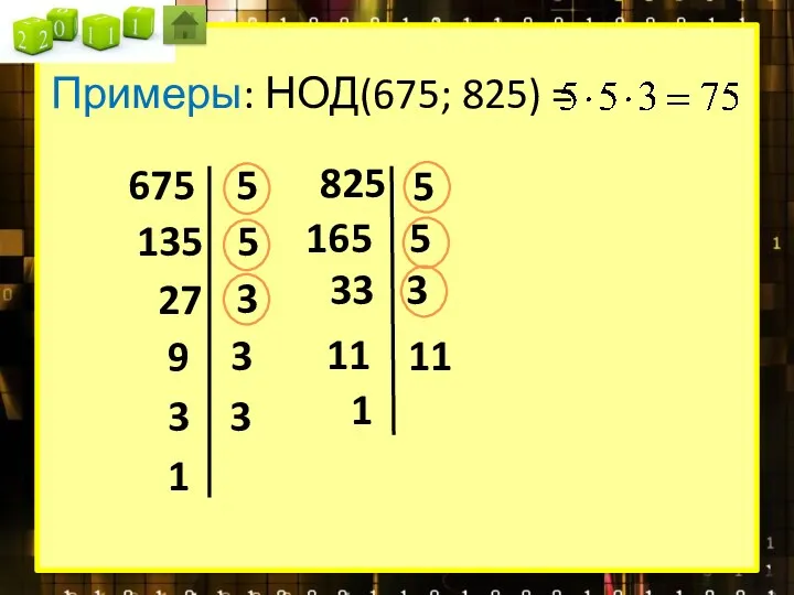 Примеры: НОД(675; 825) = 675 5 135 5 27 3