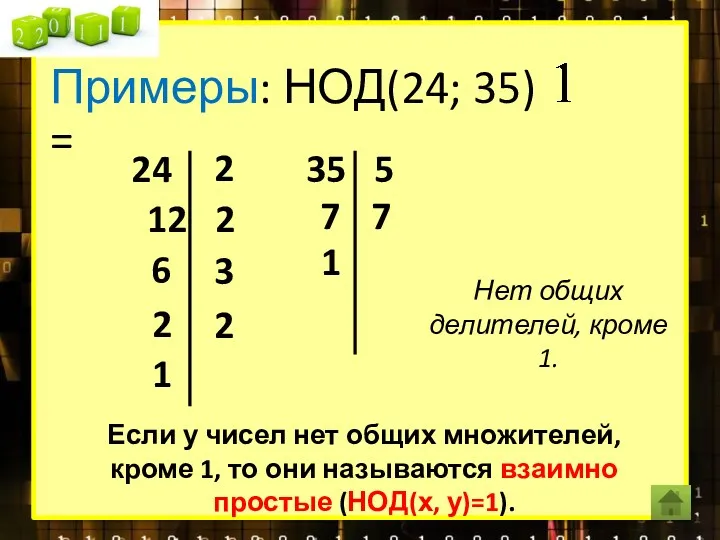 Примеры: НОД(24; 35) = 24 2 12 2 6 3