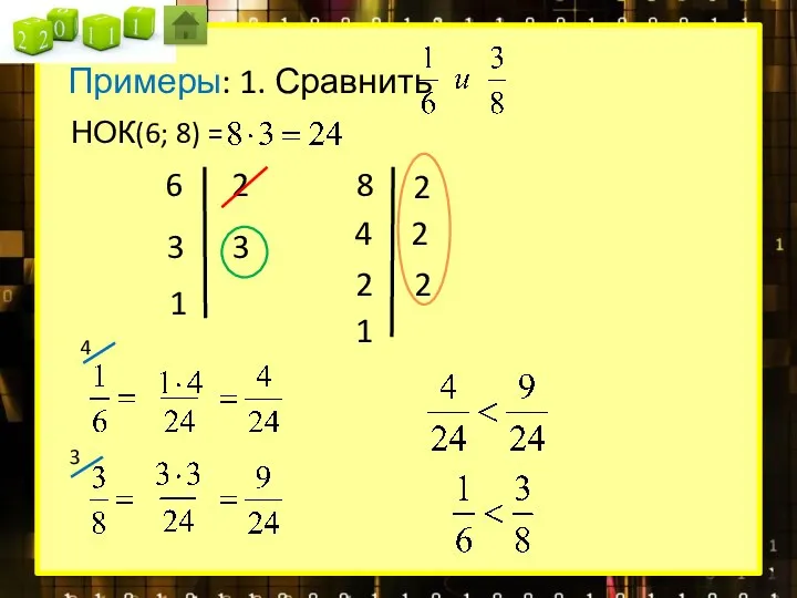 НОК(6; 8) = 6 2 3 3 1 8 2