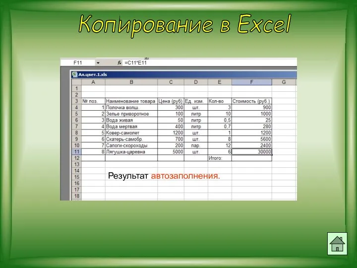 Копирование в Excel Результат автозаполнения.