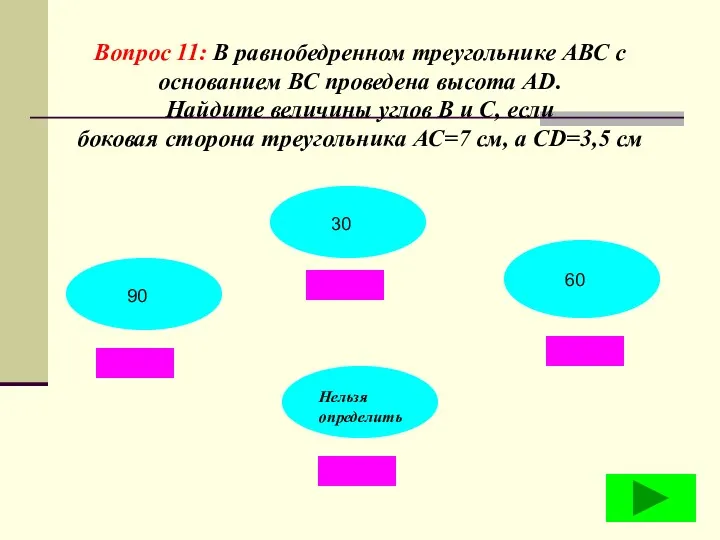 Вопрос 11: В равнобедренном треугольнике АВС с основанием ВС проведена