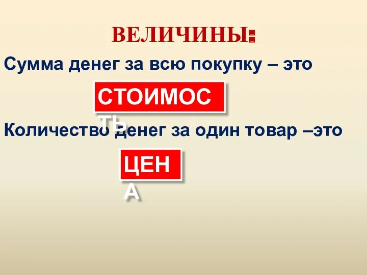 ВЕЛИЧИНЫ: Сумма денег за всю покупку – это Количество денег за один товар –это СТОИМОСТЬ ЦЕНА