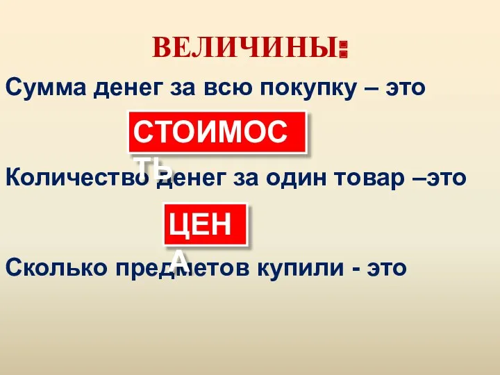 ВЕЛИЧИНЫ: Сумма денег за всю покупку – это Количество денег