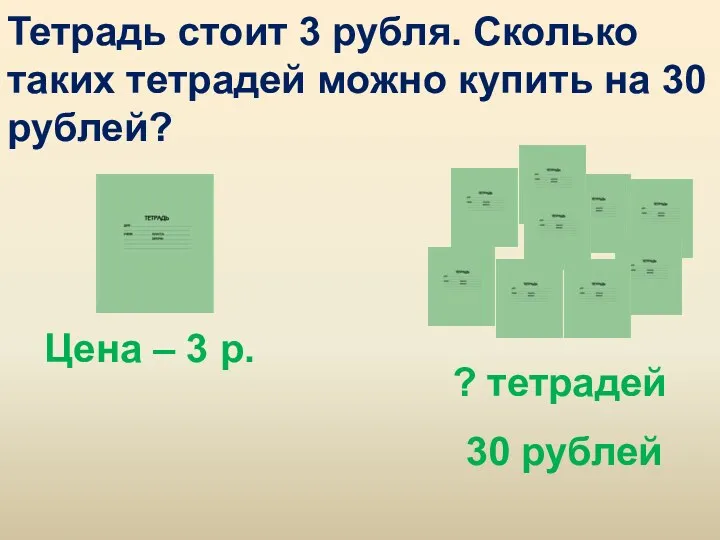 Тетрадь стоит 3 рубля. Сколько таких тетрадей можно купить на